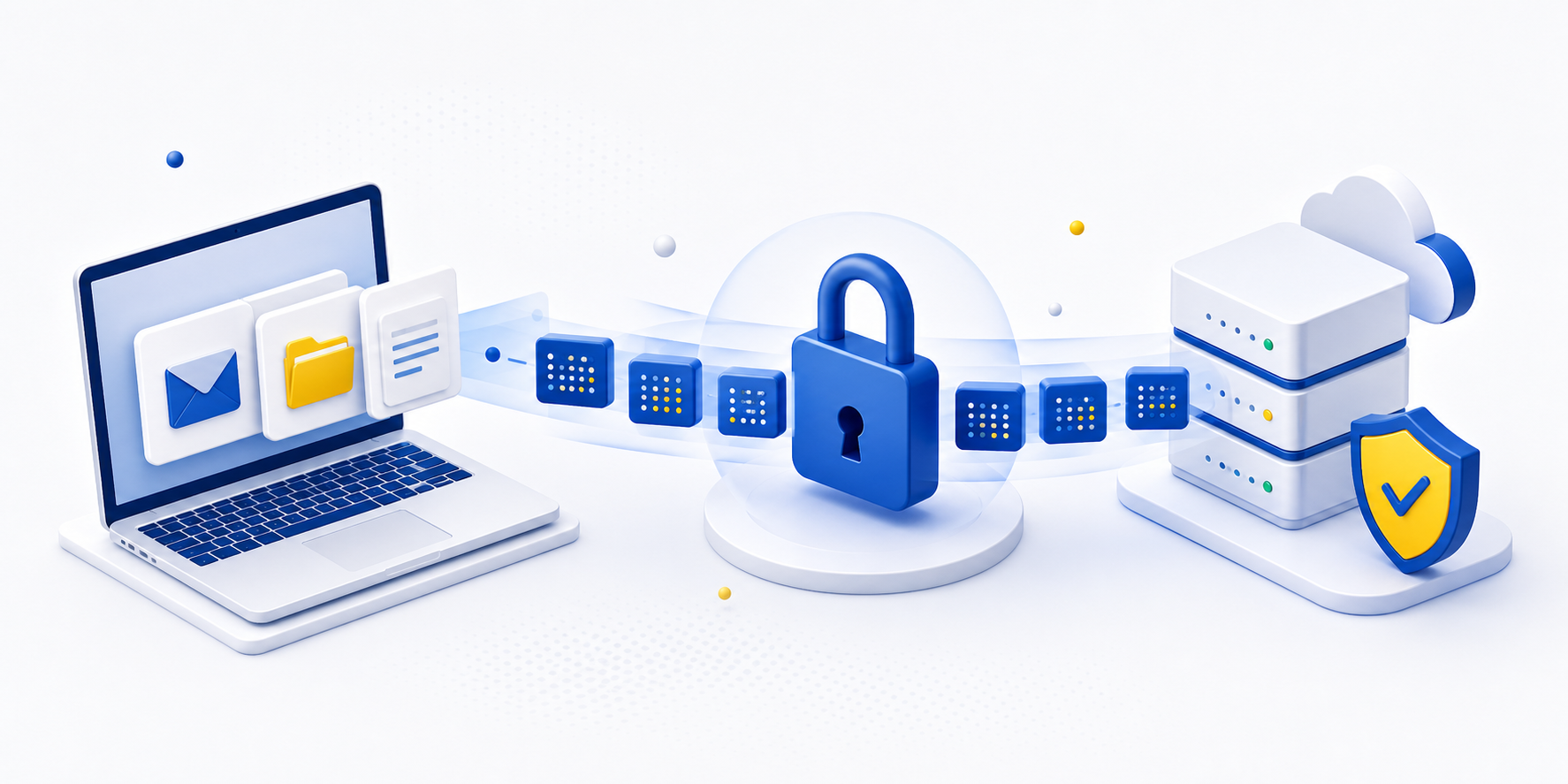 Ilustrație cu emailuri și fișiere criptate local înainte să ajungă la stocarea securizată.